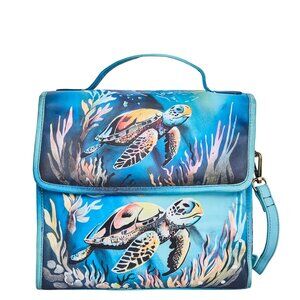 Leather Hand Painted Top Handle Handbag Purse With Turtle Artwork, Crossbody Bag